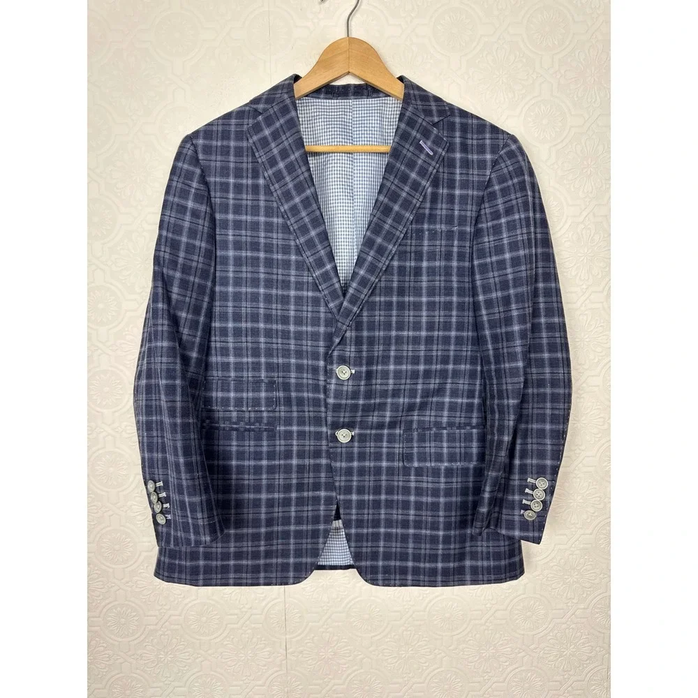 Custom Made Navy Blue Windowpane Sport Coat Blazer Wool Silk Linen Size 42 Short